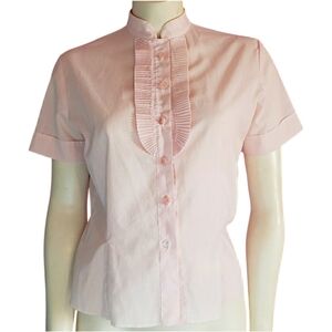 Vintage pink button down shirt with ruffle trim & flower buttons size S